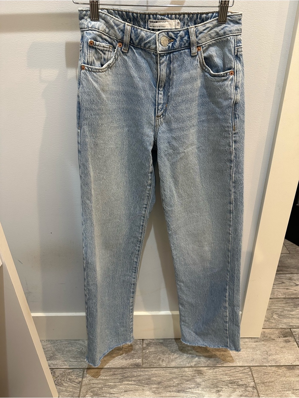 Garage Light Blue Denim 90s Straight Jeans with fringe detail on bottom